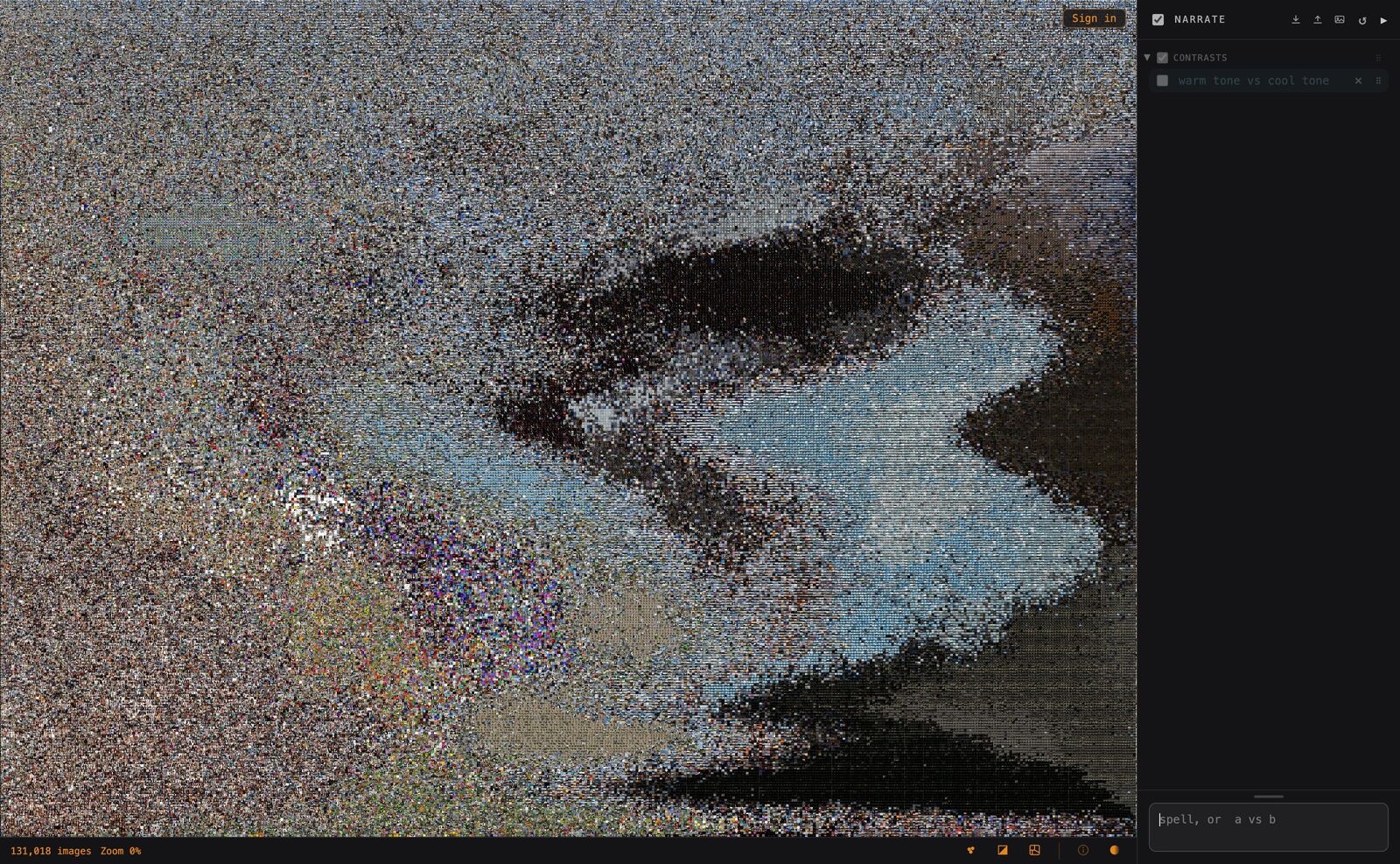 The SigilAtlas web app: the live field of photographs with the Narrate panel docked on the right