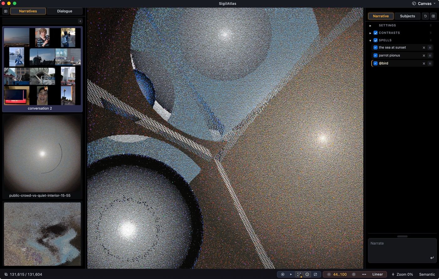 Create mode: an abstract composition of spheres and diagonals, made entirely of photograph tiles pulled by contrasts