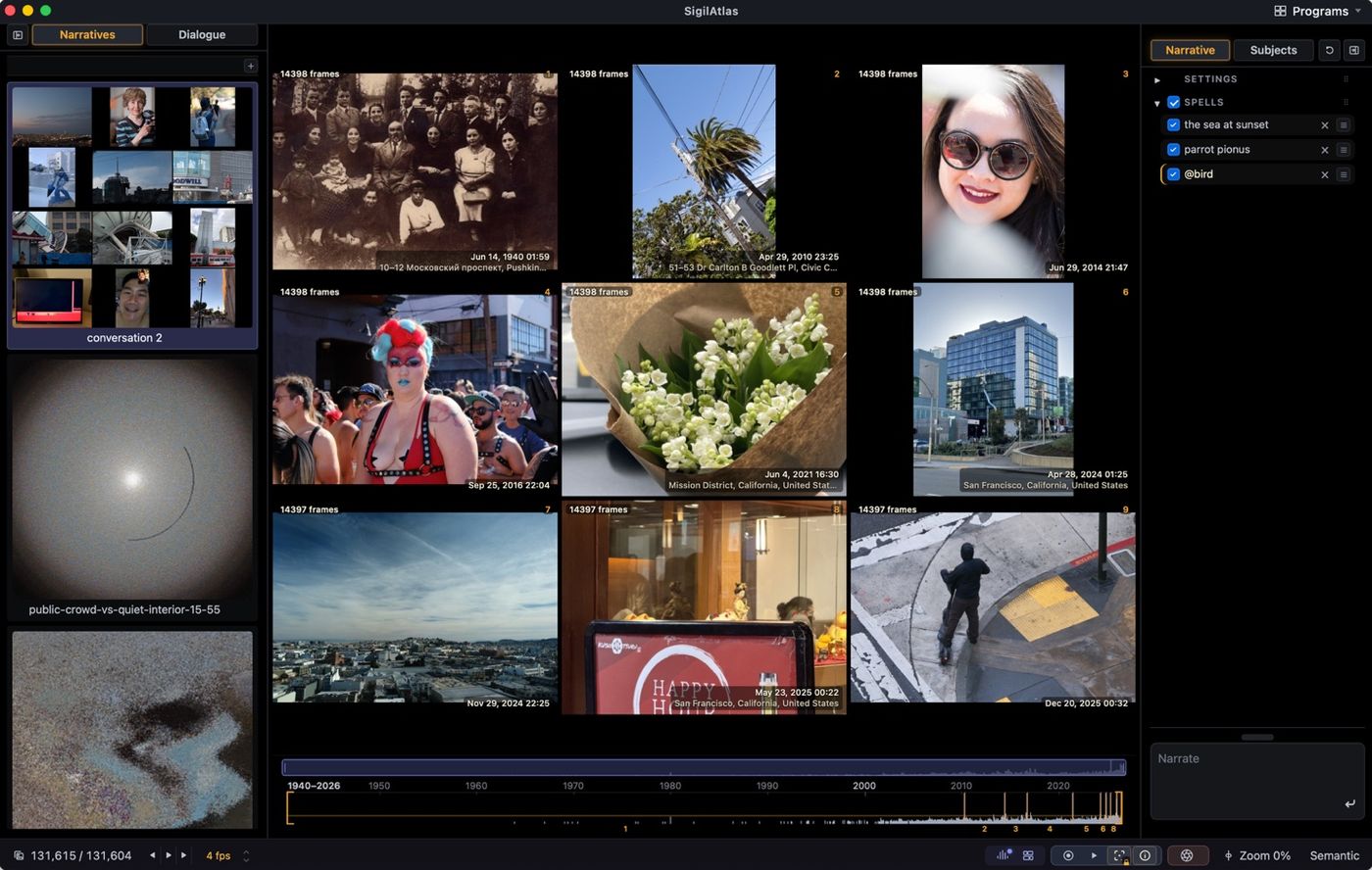 Experience mode: detected stories tiled as a grid of looping cells, each stamped with its date and place, above a decades-long density strip