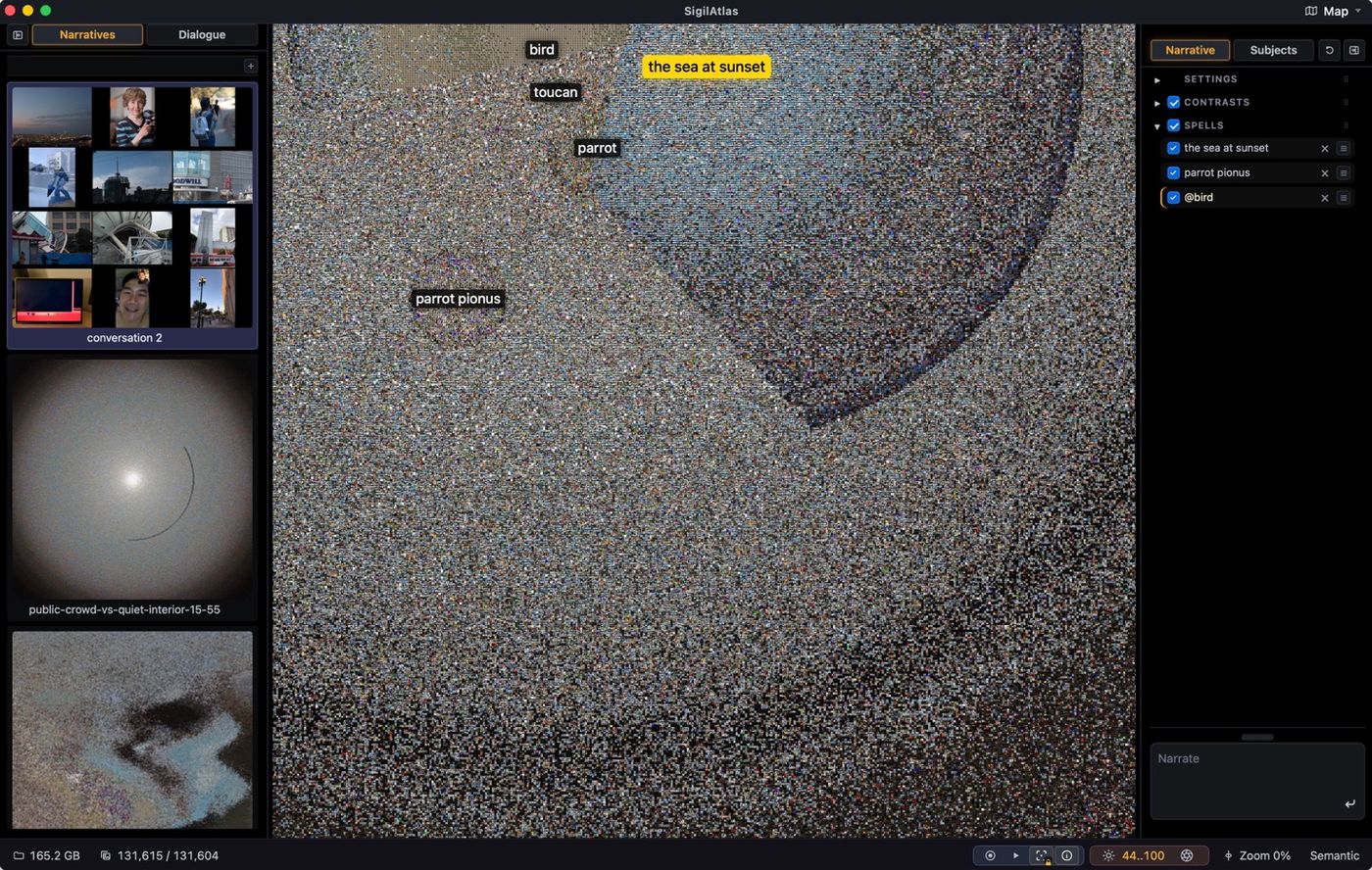 Find mode: the whole archive as a mosaic field with named sigils — bird, toucan, parrot, the sea at sunset — placed on the map