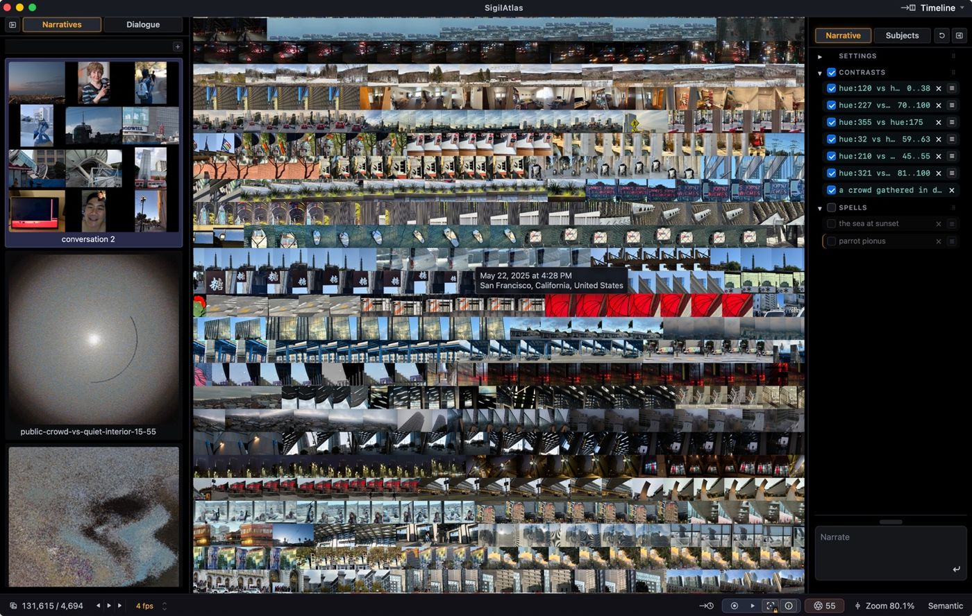 Remember mode: the archive laid into horizontal timeline strips of photographs, hue contrasts listed on the right