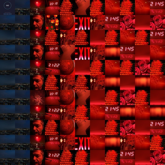 The cells at actual size: an 11-by-11 grid of 64-pixel crops — night skies, bedside clocks, EXIT signs, roses, a face in red light