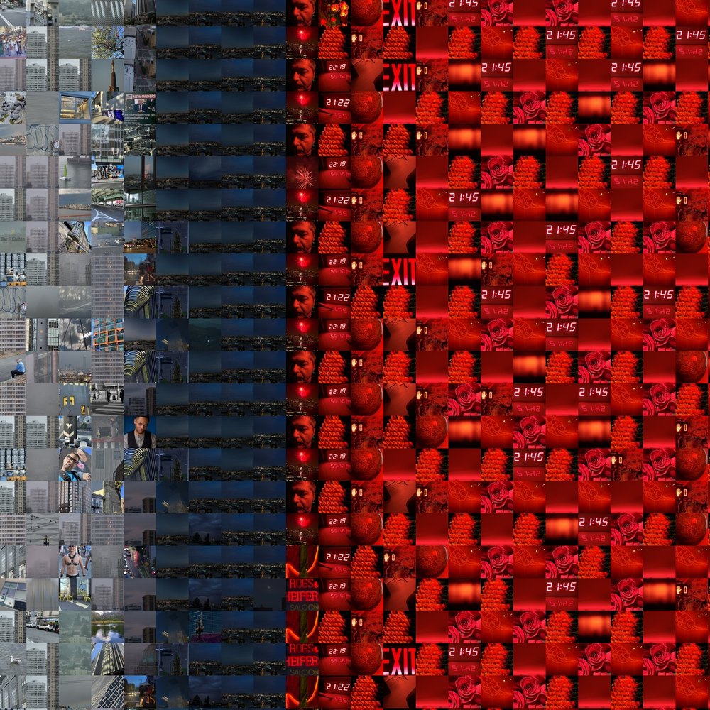 The same mosaic closer in: the red panes resolve into EXIT signs, roses, and red rooms; the gray into city photographs