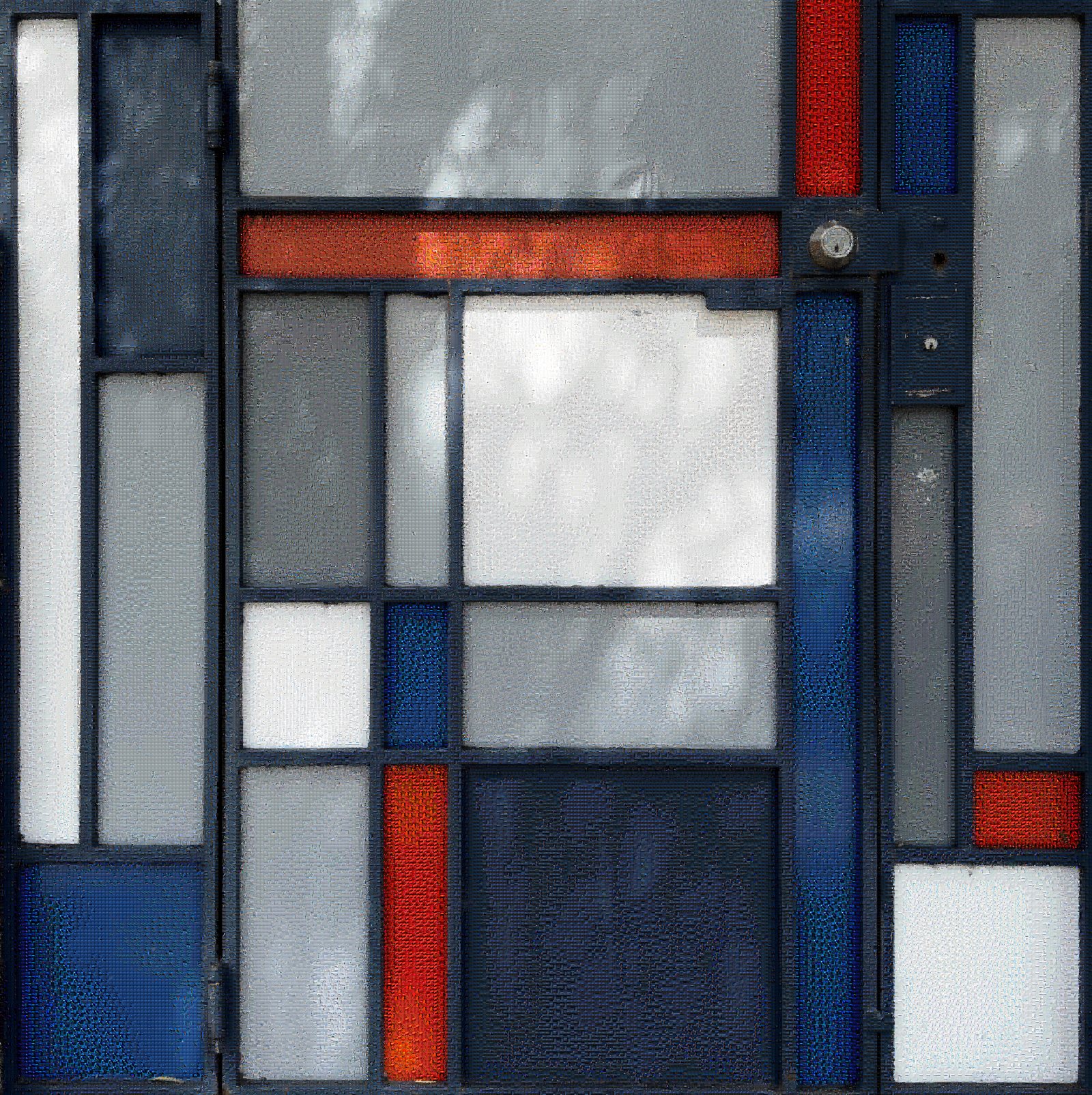 A mosaic of a glass-paned door in gray, blue, and red — a single image assembled from thousands of photographs